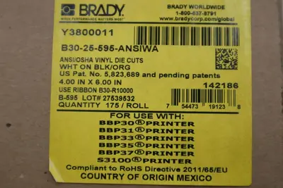 Brady B30-25-595-ANSIWA Ansi/Osha Vinyl Die Cuts ANSI "WARNING" 4" x 6" #H412