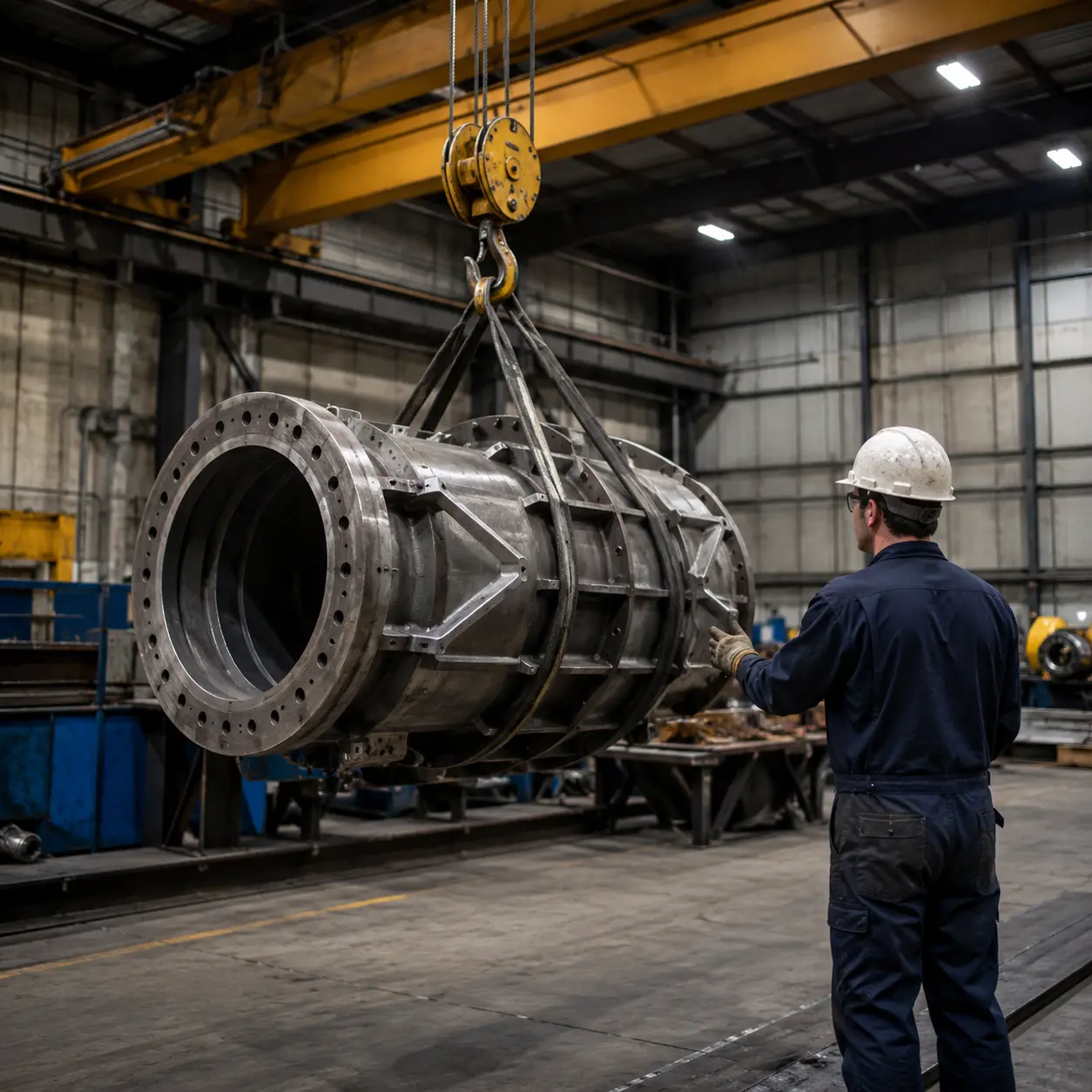 Technician guiding an overhead crane lift of industrial equipment in a warehouse