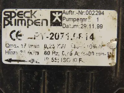 Speck PY-2071.9814 Plastic Water Pump 17L/Min .25kw 230/460V 3PH G1/2"Ports