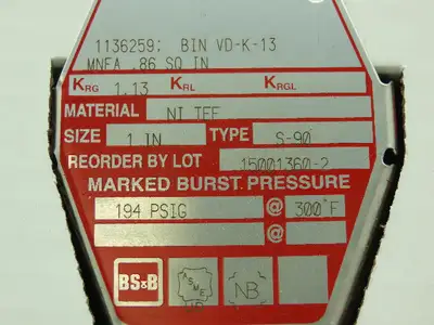 BS&B Safety Systems Rupture Disk 1" Type S-90 194 PSIG @ 300°F