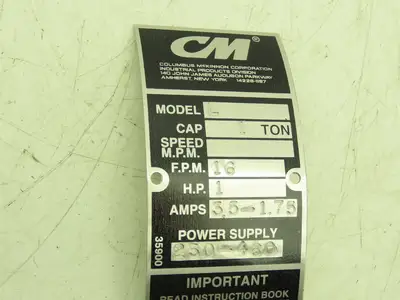 CM Lodestar L 1 Ton Electric Chain Hoist 20' Lift 16 FPM 635 Power Trolley 3PH