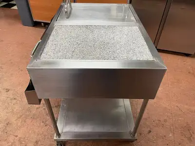 Used Falcon Restaurant Supply Used Stainless Steel Drink Serving Cart with Ice Bin, Drain and Caster Wheels Underbar Equipment Illinois US | Falcon Restaurant Supply #1376177