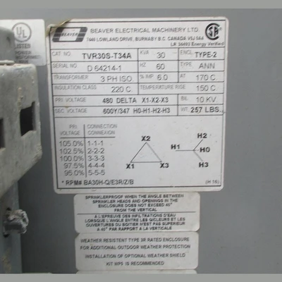 USED BEAVER ELECTRICAL MACHINERY LTD. TVR30S-T34A