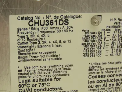Square D CHU361DS Safety Disconnect Switch 30A 600V 30HP Non Fused 3P Stainless