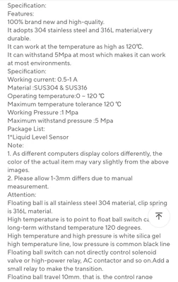 Float Switch, Level Sensor, Stainless Steel
