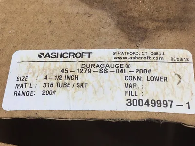 ASHCROFT 4 1/2″ 45-1279-SS-04L- 200 PSI Duragauge Pressure Gauge