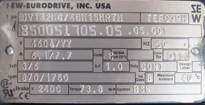 NEW SEW EURODRIVE DV132M8/4BM15HRTH GEARMOTOR 460V DV132M8/4BM15HRTH TEFC3PH