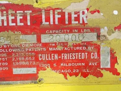 20,000 LB X 84" X 32" TO 62" WIDE CF CULLEN FRIESTEDT ADJUSTABLE PARALLELOGRAM SHEET LIFTER: STOCK #20437