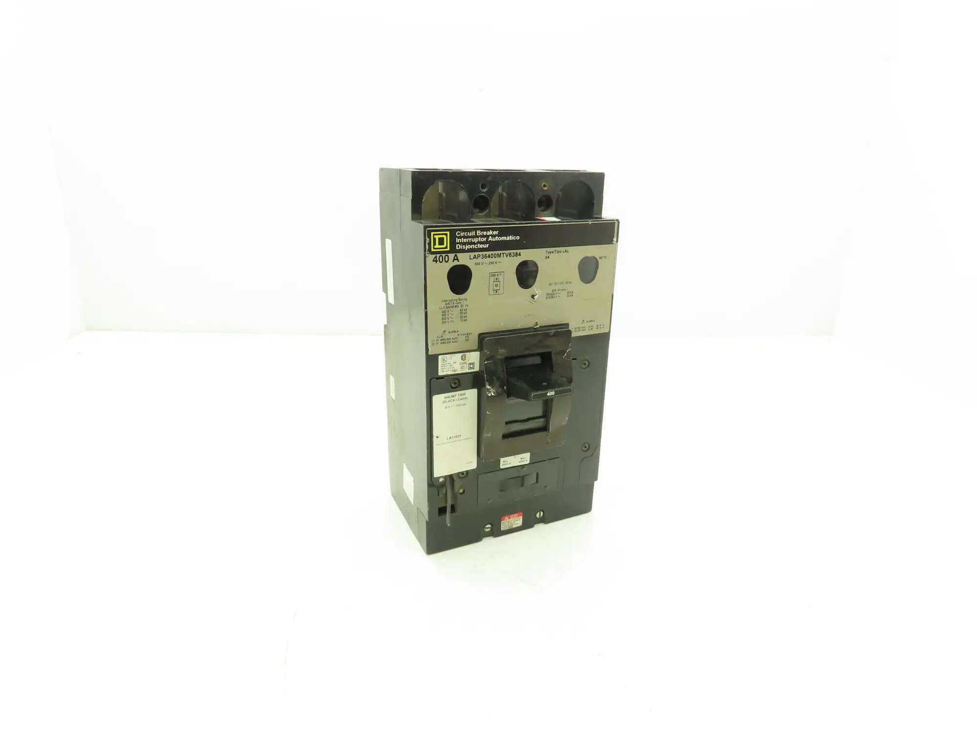 Square D LAP36400MTV6384 Circuit Breaker 3-Pole 400A 600V Shunt Trip Gray Face