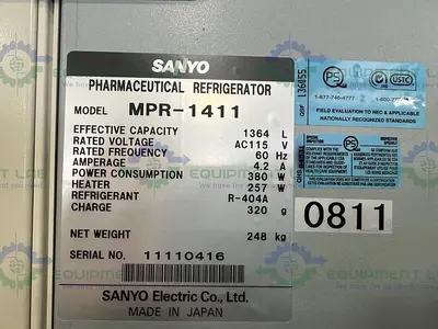 USED SANYO MPR-1411 PHARMACEUTICAL TWO DOOR REFRIGERATOR 2°C , 49 CU. FT.