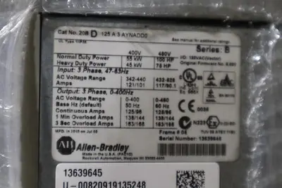 ALLEN BRADLEY 20BD125A3AYNADD0 POWERFLEX 700 DRIVE 100 HP SER.B STOCK S-598