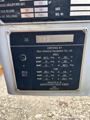 Used Wuxi Chemical Equipment 333 Sq Ft Shell & Tube Heat Exchanger, Duplex 2205, 2023