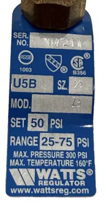 NEW WATTS 3/4" U5B-Z3 WATER PRESSURE REDUCING VALVE 0053195 U5BZ3