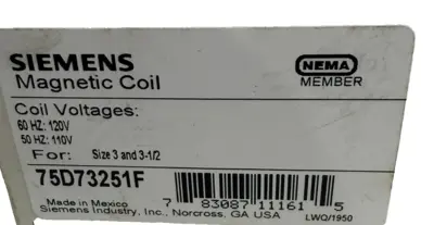 NEW SIEMENS 75D73251F MAGNETIC COIL 110V 50HZ