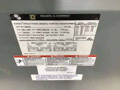 Square D 50S3H 50 KVA Transformer single Phase 240/480 LV 120/240