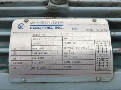 Sterling Electric JB0104FHA Pump Motor Cessna Hydraulic Gear Pump 10Hp 230/460V