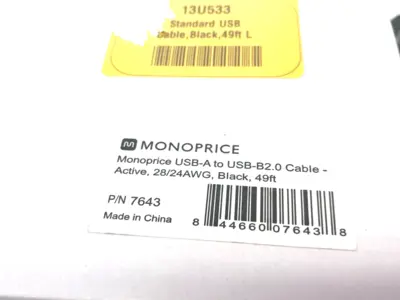 New | in-Stock Monoprice USB-A to USB-B 2.0 Cable - Active, 28/24AWG, Black, 49ft Cable & Wire Michigan US | Maverick Industrial Sales #1390769