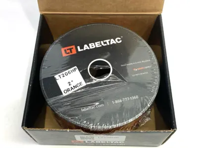 USED LABELTAC PRO MODEL HIGH PERF. 10 YEAR VINYL LABEL ORANGE, 2"X 150'/ ROLL