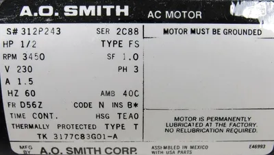 NEW A.O. SMITH 312P243 AC MOTOR 1/2 HP 3450 RPM 1.5A 4 1/4" SHAFT TK3177C83G01-A