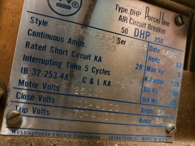 Westinghouse 50-DHP-250 Breaker 1200 Amps