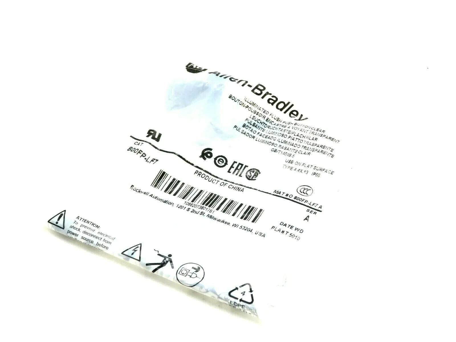 NEW ALLEN BRADLEY 800FP-LF7 FLUSH PUSH BUTTON CLEAR 800FPLF7