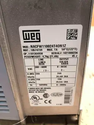 WEG NACFW110024T4ON1Z AC Drive 380/480V 19/24A 50/60Hz 3PH