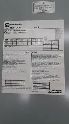 USED ALLEN-BRADLEY ALLEN-BRADLEY AL-51 MAXIMUM CURRENT RATING 60 AMPERES 1494H-CA3N ENCLOSURE