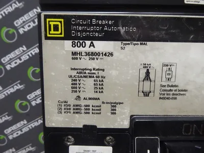 Square D MHL368001426 Circuit Breaker 600VAC 250 VDC 800A S2 Used