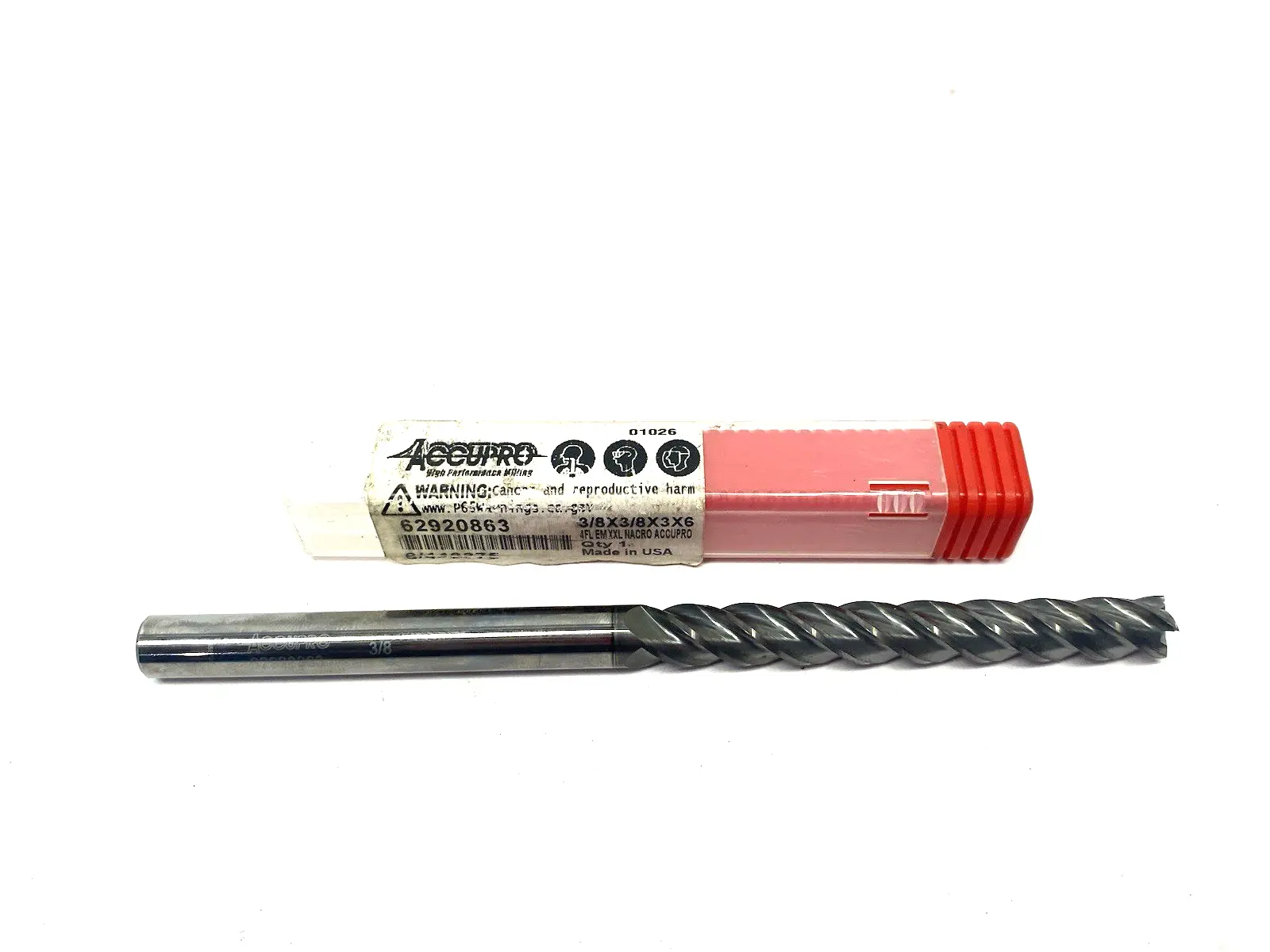USED ACCUPRO SQUARE END MILL: 3/8" DIA, 3" LOC, 4 FLUTE, SOLID CARBIDE