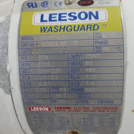 Used MARATHON ELECTRIC LEESON WASH DOWN MOTOR C6T17VC1J CAT #: 113019DO - 3/4 HP / 1725 RPM / FRAME: 56C - 208-230/460 3 PH Motors (misc) | ND Industrial Surplus #1221386