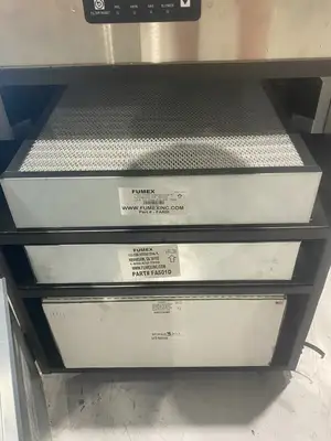 USED FUMEX AIR FILTRATION FUME EXTRACTOR UNIT USED FILTERS, MISSING ONE WHEE