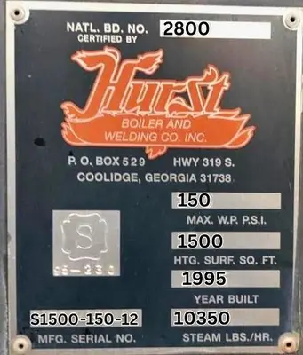 300 HP Hurst 150 PSI Steam Boiler Gas Fired 1995 Model S1500-150-12