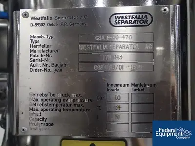 USED Westfalia Westfalia Disc Centrifuge, Model CSA 8-06-476