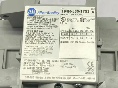 194R-J30-1753 | Allen Bradley  Ser A Disconnect Switch 30A w/ 15" Extension 194R-N2 - Used