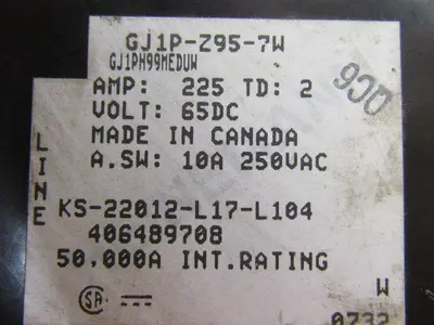 Heinemann GJ1P-Z95-7W Special Purpose Circuit Breaker 225Amp 65VDC 25 KAIC 1Pole