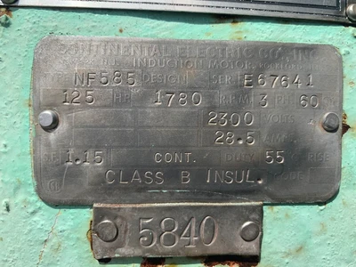 Continental Electric Class B Insul Induction Motor 125 Hp 1780 R