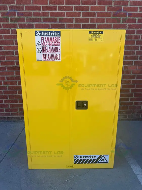 Used JUSTRITE 45 GALLON FLAMMABLE LIQUID STORAGE CABINET W/ SOFT CLOSE DOORS, KEY Biological Safety Cabinets | Equipment Lab #486757