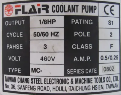 NEW FLAIR TYPE MC COOLANT PUMP 460V 1/8HP