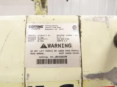 Coffing JLC2016310 Electric Chain Hoist 1 Ton 16 FPM 13' Lift 230/460V 3PH