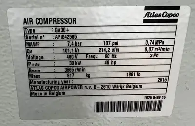 Used 2015 ATLAS COPCO GA30+ Rotary Screw & Sliding Vane Air Compressors British Columbia CA | Lenmark #834872