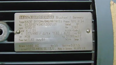 SEW Eurodrive KAZ97 DV112M4/BMG/HR/TH/IS3 Hollow Shaft Helical Gear Unit Used