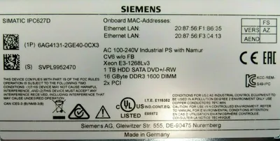 NEW SIEMENS 6AG4131-2GE40-0CX3 SIMATIC IPC627D PC 6AG41312GE400CX3