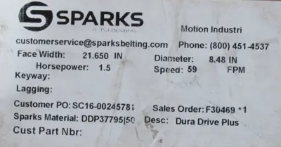 NEW SPARKS DDP37795/50 DRUM ROLLER 21.650"L 8.48" DIA. 1.5HP 59FPM 230/460V