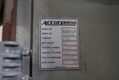 Accurpress 725012 250 Ton x 12' Press Brake (LOCATION: Schertz, TX)