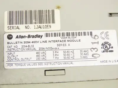 Allen Bradley 2094-BL02 Kinetix 6000 Series A 460V Line Interface Module 30A