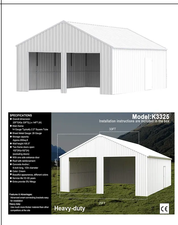 K3325 Unused 33FTx25FT Double Garage Steel Barn