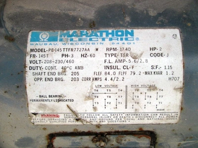 2 HP Marathon Electric Motor, 1740 rpm