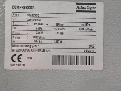 Used 2008 ATLAS COPCO GA22VSD (VARIABLE SPEED DRIVE) Air Compressors (Misc) British Columbia CA | Steep Hill Equipment Solutions #1511158