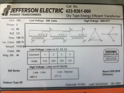 150 KVA Step Up Transformer Factory New 208 Delta Primary 480Y/277 Secondary Jefferson 423-9261-000