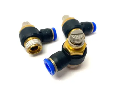 USED SNS PNUEMATIC FLOW THROTTLE/SPEED CONTROL ELBOW VALVE FITTING 10MM TUBE
